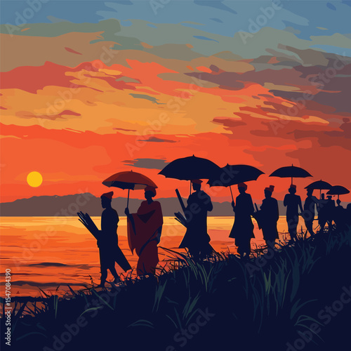 Silhouettes of a spiritual procession of monks with umbrellas walking by the sea at sunset.