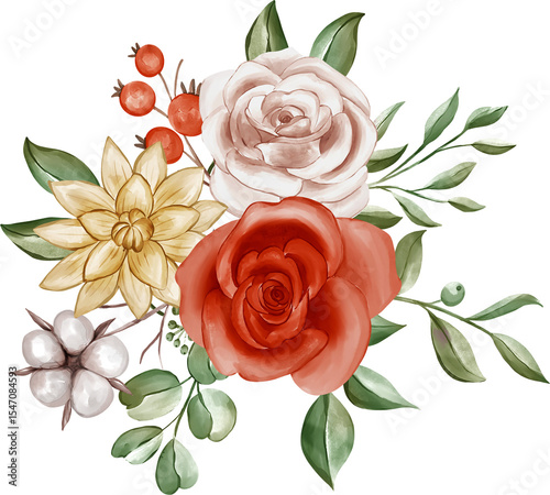 Fototapeta Naklejka Na Ścianę i Meble -  Watercolor Floral Bouquet:  Red Rose, Cream Rose, and Golden Dahlia with Berries and Cotton