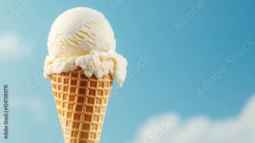 Creamy vanilla ice cream scoop on a waffle cone against a bright blue sky background with soft clouds