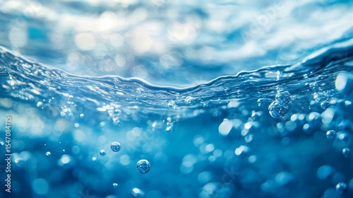 pristine blue water abstract, silky smooth surface disrupted by gentle waves, floating spherical bubbles catching light, ethereal underwater atmosphere, gossamer-like ripple patterns, high-key