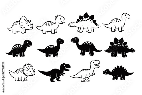Cartoon Dinosaurs Collection Black and White Drawing