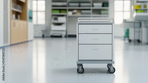 Modern hospital cart with drawers in bright and spacious medical facility interior with clean environment