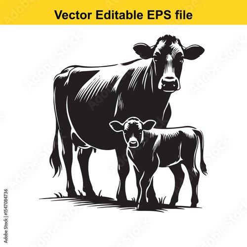 A Monochrome Vector Illustration of a Cow and Calf Depicting Farm Life and Animal Husbandry