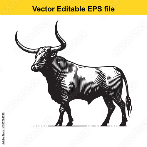 Dramatic Black and White Woodcut Illustration of a Majestic Bull with Sweeping Horns and Striking Musculature in Profile