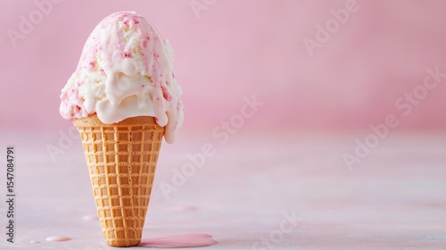 Delicious Ice Cream Cone Melting on Pink Background with Drips and Soft Focus