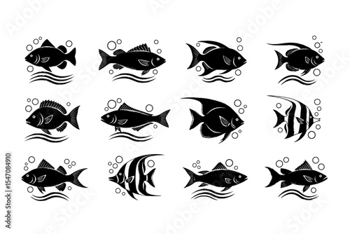 Fish Icons Collection Black Silhouettes of Underwater Creatures