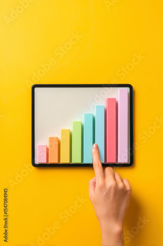 Hand pointing at pastel bar graph on digital tablet screen showing upward growth trend on yellow background