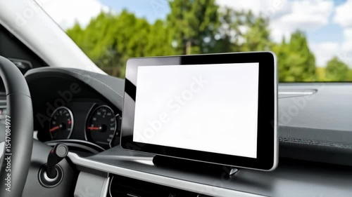 Car dashboard with white screen display panel for navigation app mockup, automotive interior with blank digital display