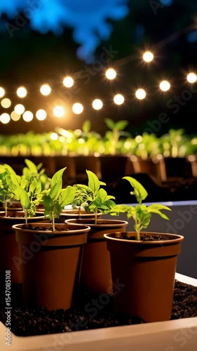Seedlings in terracotta pots grow under warm string lights at twilight, signifying new beginnings and sustainable horticulture.