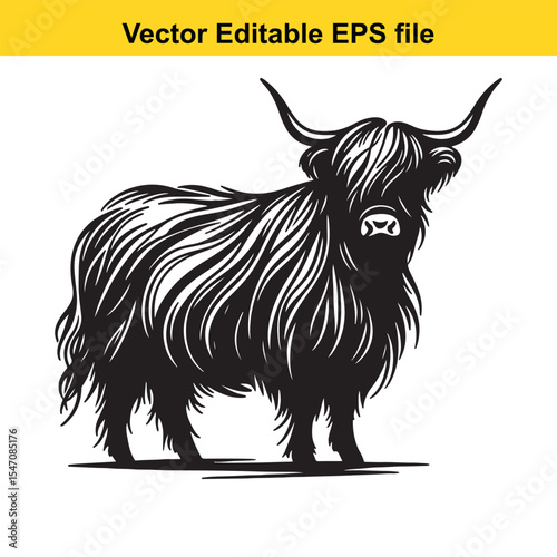 Majestic Highland Cow Silhouette Endearing Vector Illustration Capturing Rustic Charm and Scottish Heritage in Striking Black and White Design