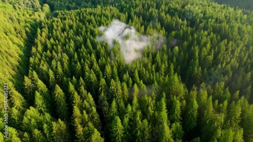 Aerial view of dense evergreen forest with mist rising between tree canopies, creating a serene and tranquil natural landscape