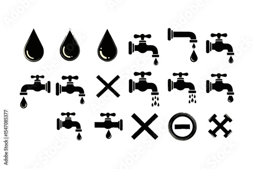 Water Faucet and Drop Icons Black Vector Set