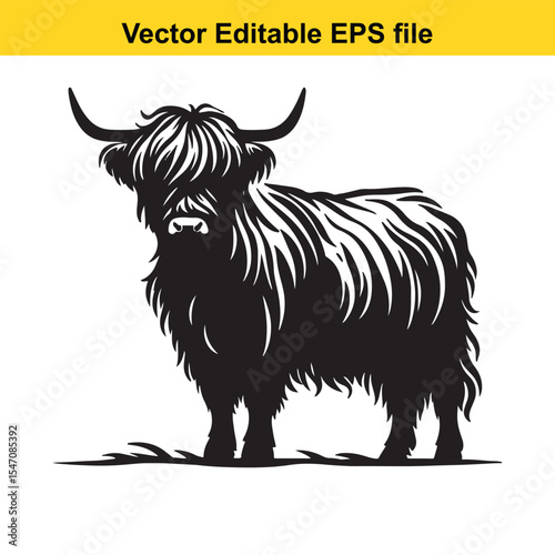 Majestic Highland Cattle Silhouette A Striking Vector Illustration of Scottish Breed with Long Horns and Shaggy Coat