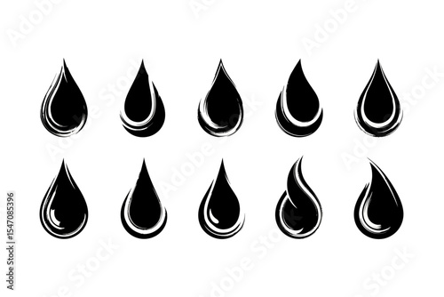 Collection of Stylized Black Oil Drop Icons on White Background