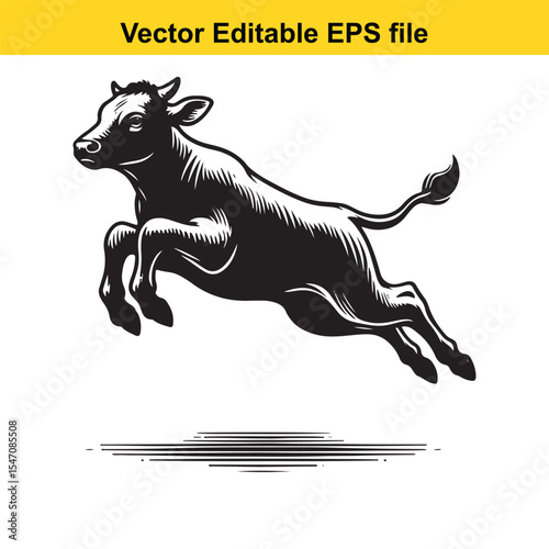 Energetic Calf Leaping Vector Illustration Beautiful Black and White Image of a Playful Young Cow in Mid Air