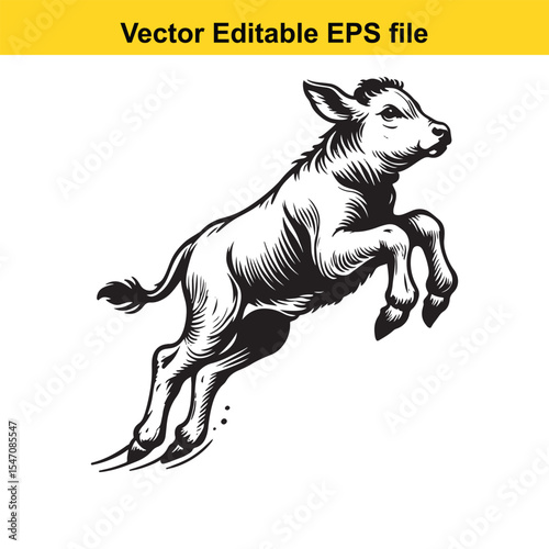 Energetic Calf Illustration Black and White Jumping with Joyful Spirit A Dynamic Farm Animal Image