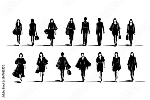 Fashion Show Black Silhouettes of People Walking with Bags