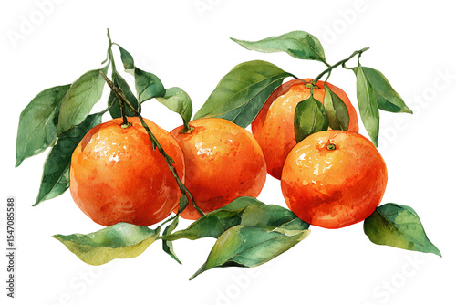 Watercolor Oranges with Green Leaves on Branch, PNG