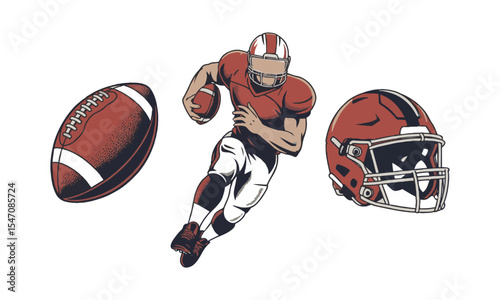 Modern vector illustration of an American Football Collection featuring three key elements, dynamic football player in action, easily editable.