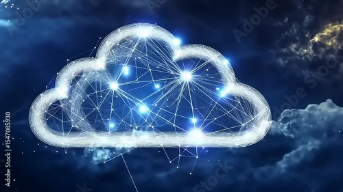 Abstract representation of a cloud connected by glowing lines against a cosmic background