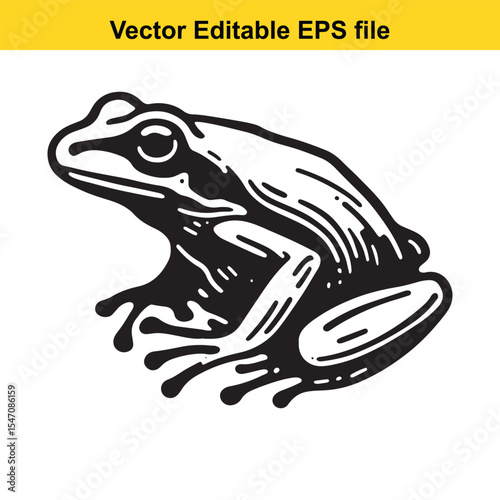 Stylized Black and White Frog Illustration with Intricate Details in a Vector Editable Format for Graphic Design