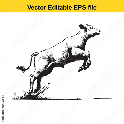 Dynamic Ink Drawing of a Calf Leaping with Energy and Vitality, Set Against a Simple Backdrop