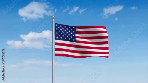Flag of the United States waving gently in the breeze against a clear blue sky with soft, fluffy white clouds