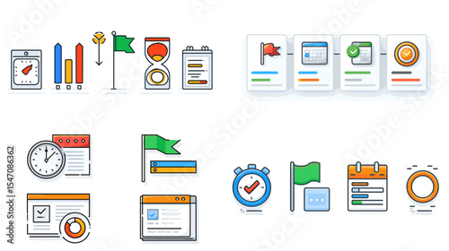 Colorful project management icon set with charts, flags, checklists, clocks, targets, and documents. Ideal for productivity apps, task tracking, reports, and workflow designs.