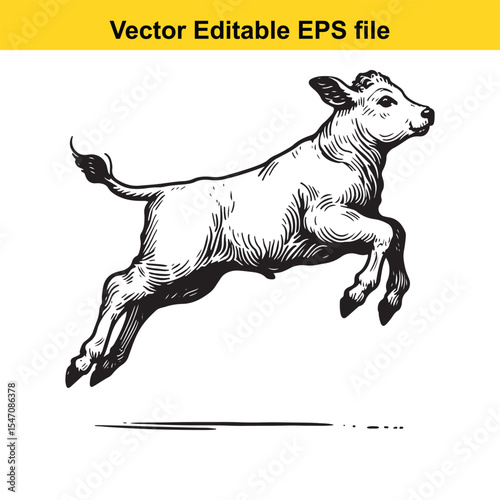 Energetic Calf Leaping with Joy A Dynamic Black and White Illustration of Youthful Exuberance in Motion