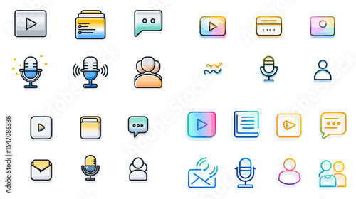 Colorful gradient icon set featuring media, podcast, chat, email, and user profile symbols. Ideal for apps, communication tools, social media, and digital content creation projects.