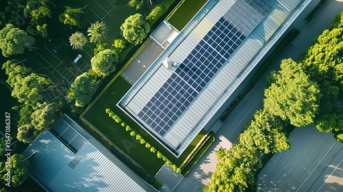 Solar panels on the roof of a green warehouse with energy-efficient design