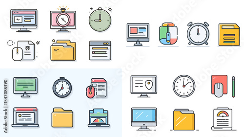 Colorful flat icon set featuring computers, folders, clocks, documents, and mouse tools. Ideal for office work, digital productivity, file management, and time tracking designs.