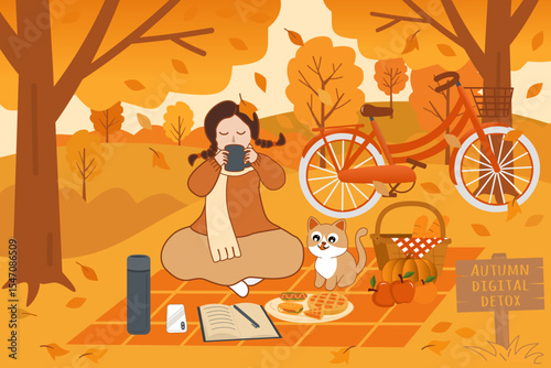 Autumn Digital Detox Picnic with Cat and Tea