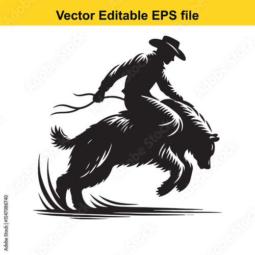 Silhouette of a Cowboy Riding a Bull in a Rodeo Event Illustration, a Classic Western Sport, Black and White