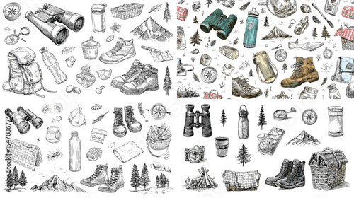 Hand-drawn hiking and camping gear illustration with boots, binoculars, backpacks, bottles, maps, and nature elements. Perfect for adventure, travel, and outdoor design themes.