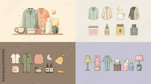 Pastel flat vector illustration of cozy bedtime essentials including pajamas, skincare, and lamps. Perfect for wellness, lifestyle, and night routine content visuals.