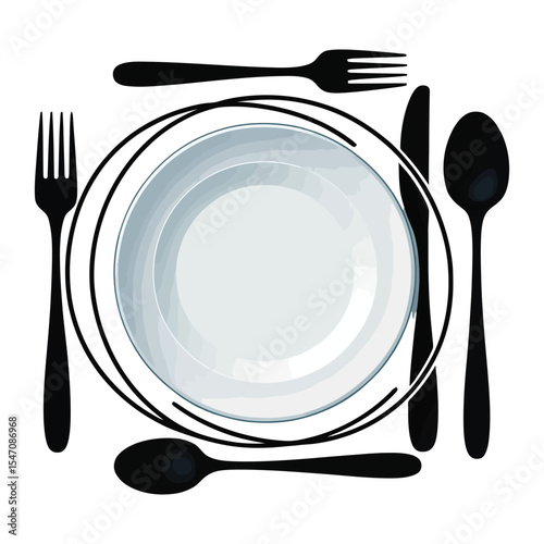 Minimalist Cutlery Set with Dinner Plate Top View Flat Design Concept for Restaurant Menu or Invitation