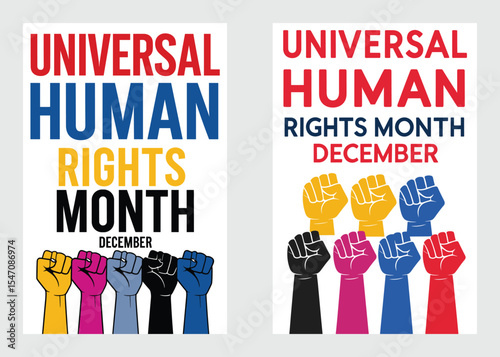 Human Rights Celebration Poster With Raised Multi Colored Fists In December

