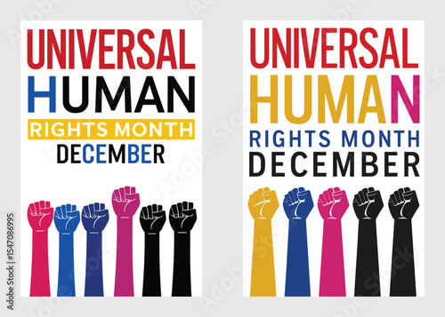Colorful Universal Human Rights Month Banner With Fists And Word Emphasis

