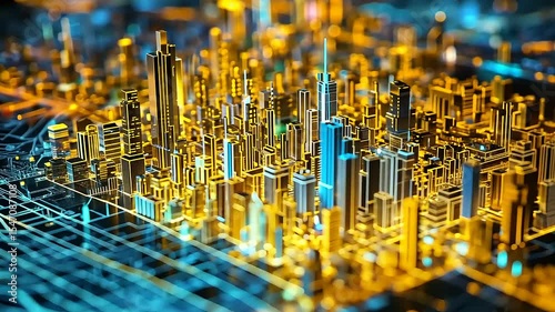 Aerial view of a futuristic cityscape illuminated with vibrant neon lights and intricate networks