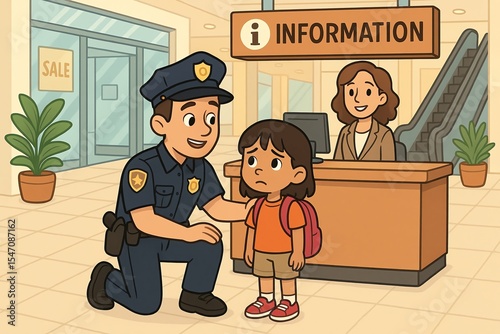 Lost Child Found Police Officer Assisting Young Girl in Mall