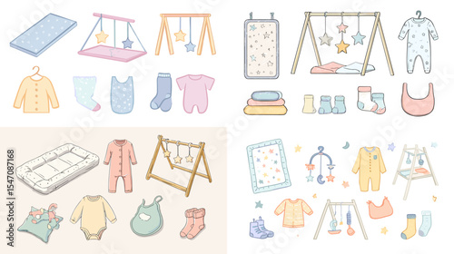Cute pastel baby essentials illustration featuring clothes, bibs, socks, toys, cribs, and play gyms. Ideal for parenting, baby products, and nursery designs.

