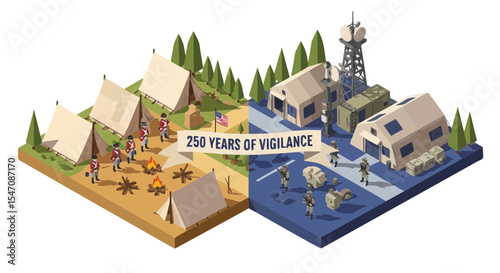 Isometric illustration showing evolution of U.S. military bases from colonial encampments to modern tech
