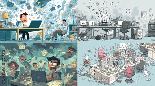 Humorous office chaos illustration showing stressed employees, messy desks, and paperwork overload. Perfect for workplace stress, burnout, or corporate humor themes.

