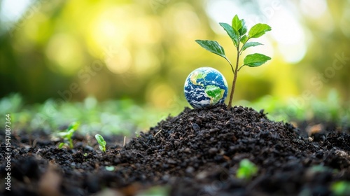 A small green plant growing from a soil mound with a globe embedded in it, set against a blurred green background.
