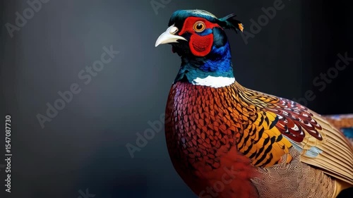 Striking male pheasant displays iridescent plumage, bright coloration, distinctive feather patterns, in studio setting against dark background