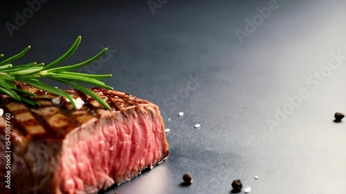 Delicious grilled beef steak cut featuring juicy interior, fresh rosemary and coarse salt on dark background, gourmet meal concept.