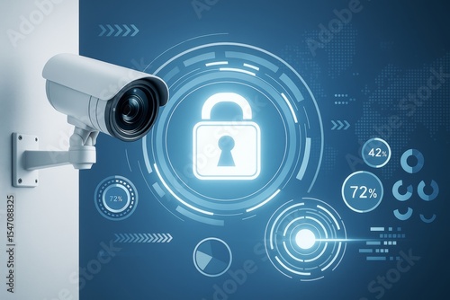 Surveillance camera on wall with digital padlock symbol and futuristic tech interface on blue background representing cybersecurity concept. photo