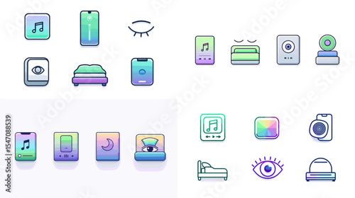 Colorful gradient sleep and wellness app icons including music, meditation, smart devices, eye masks, beds, and ambient technology for UI, mobile, or digital design use.
