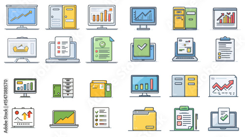 Flat vector icon set of business analytics, charts, graphs, folders, and data reports for finance, statistics, and productivity dashboard illustration in modern style.